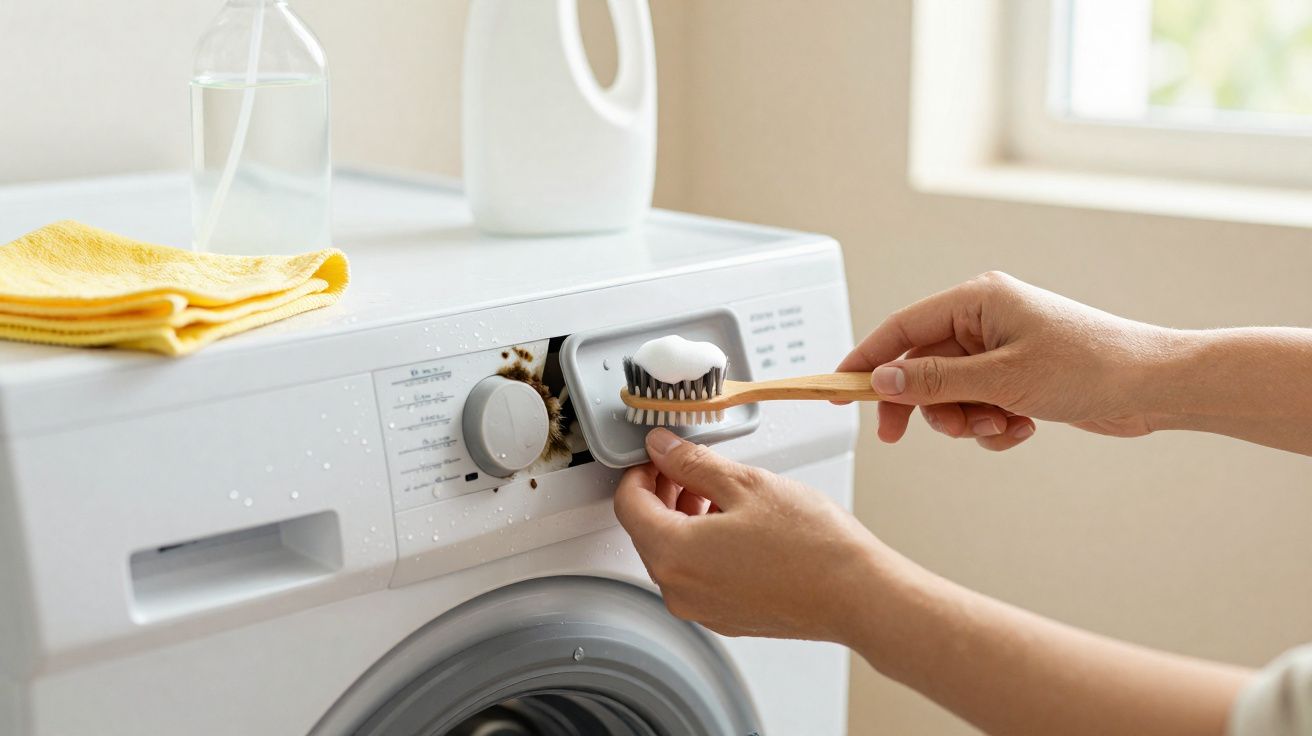 Pessoa limpando mofo com escova e detergente no dispenser de sabão de máquina de lavar branca.