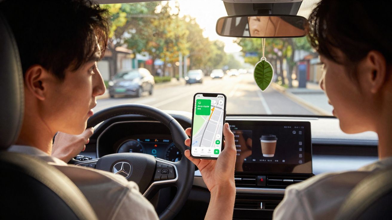 Pessoa dirigindo um carro Mercedes com passageiro, mostrando aplicativo de navegação no celular.