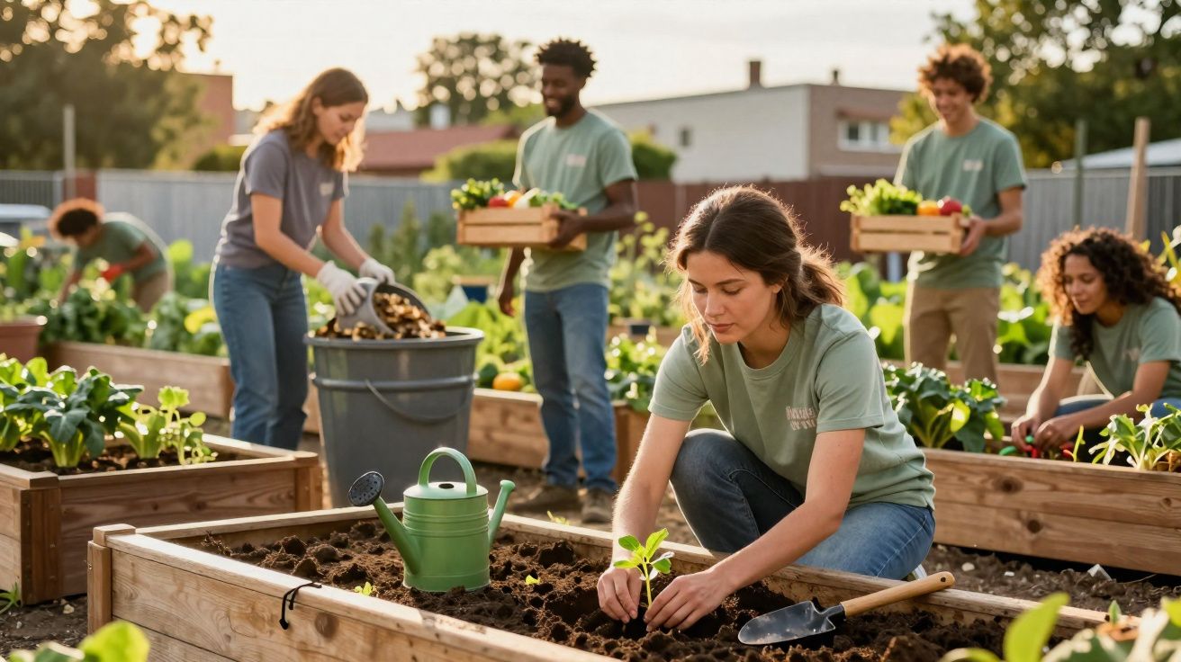 Jovens plantando e colhendo vegetais em canteiros elevados em uma horta comunitária ao ar livre.