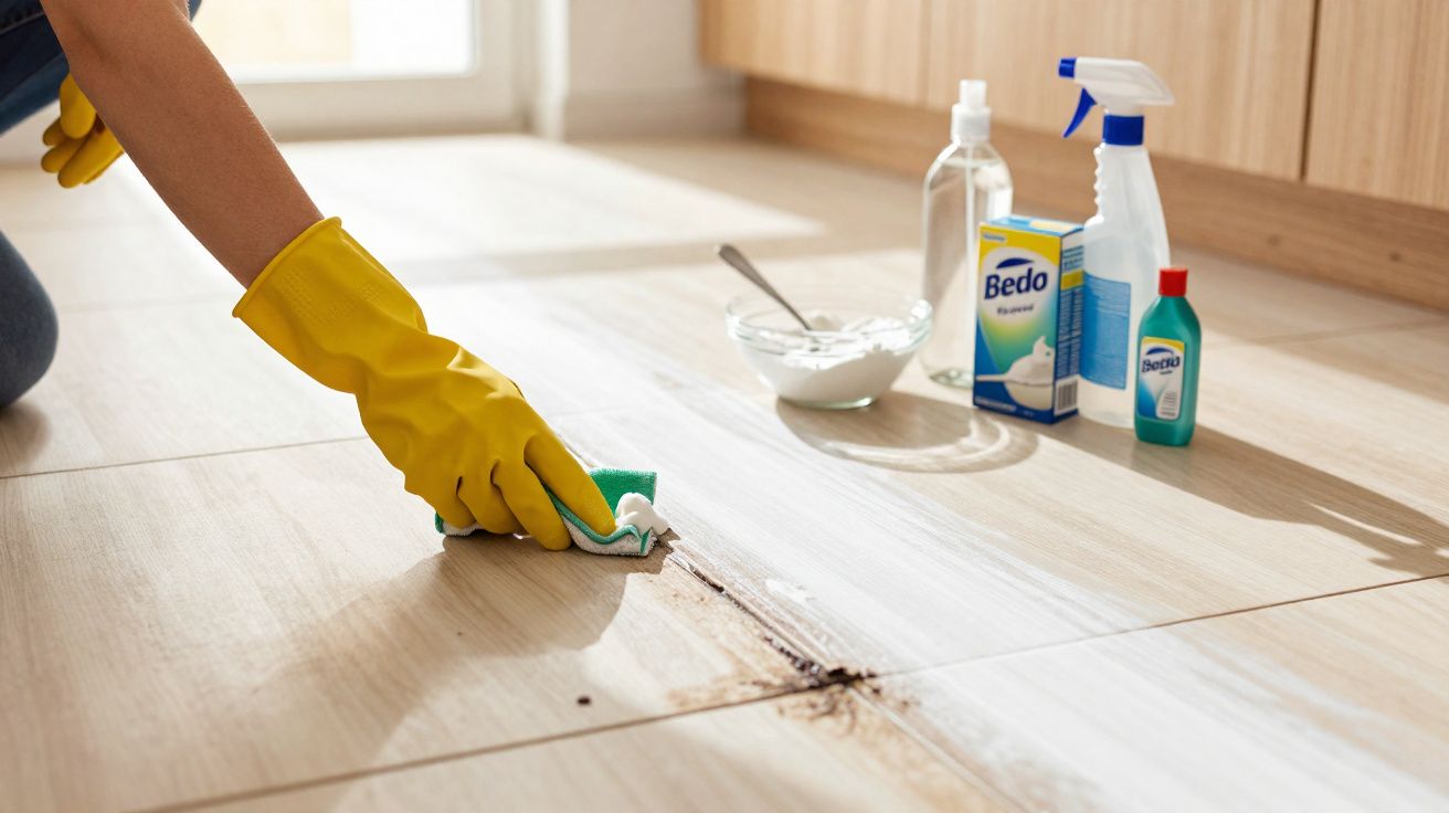 Mão com luva amarela limpando sujeira no chão claro com esponja e produtos de limpeza ao fundo.