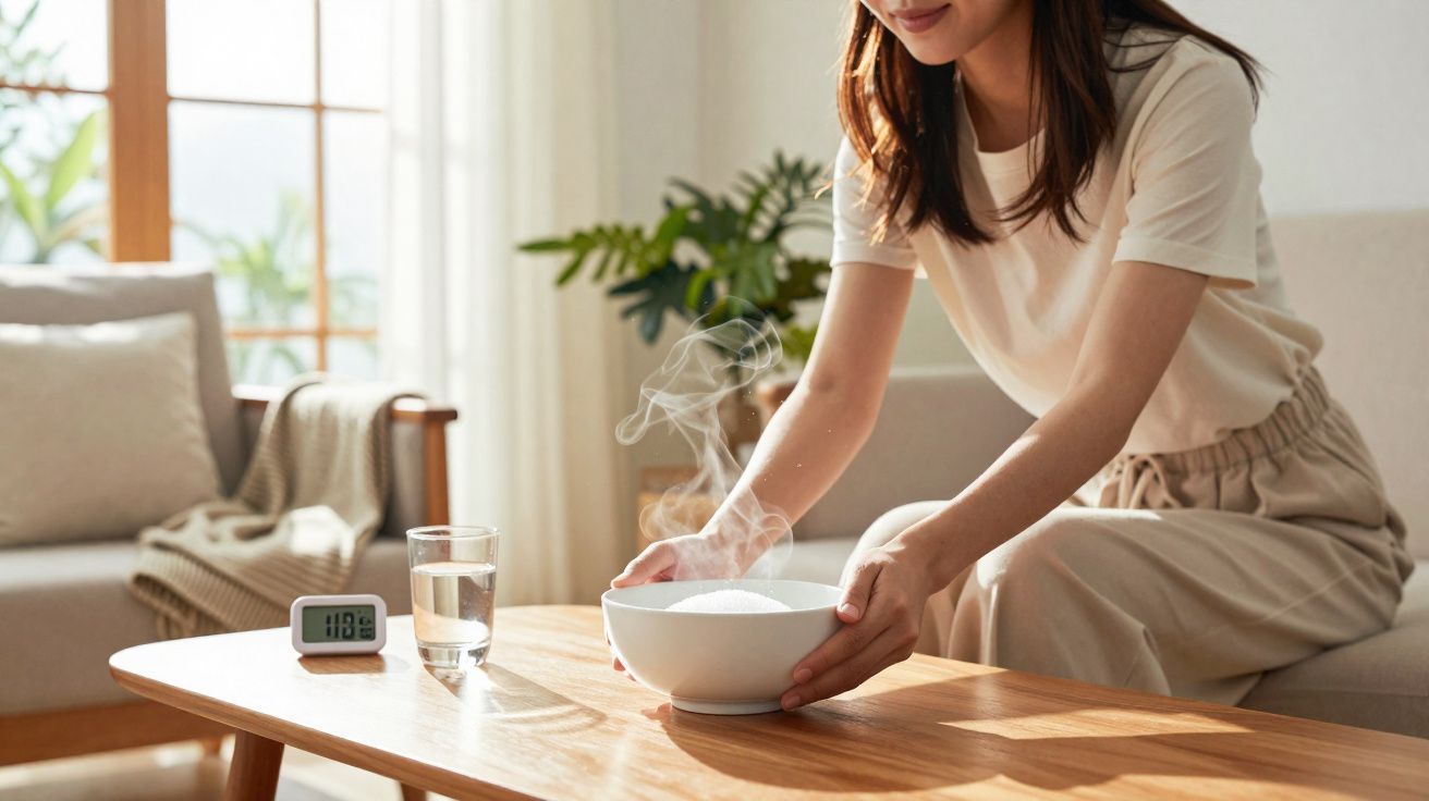 Mulher segurando tigela com vapor em sala iluminada, mesa de madeira com copo d’água e relógio digital.