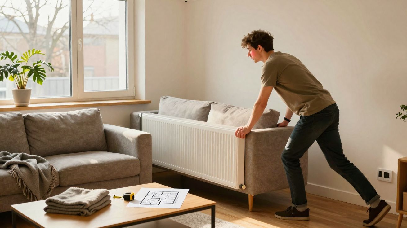 Homem rearranjando sofá em sala iluminada com planta, mesa e plantas próximas à janela.