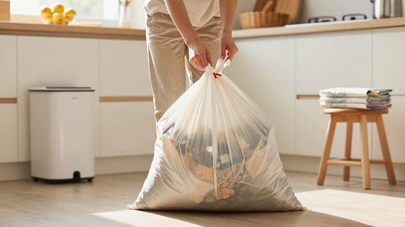 Pessoa segurando saco de lixo branco cheio em cozinha clara e organizada.