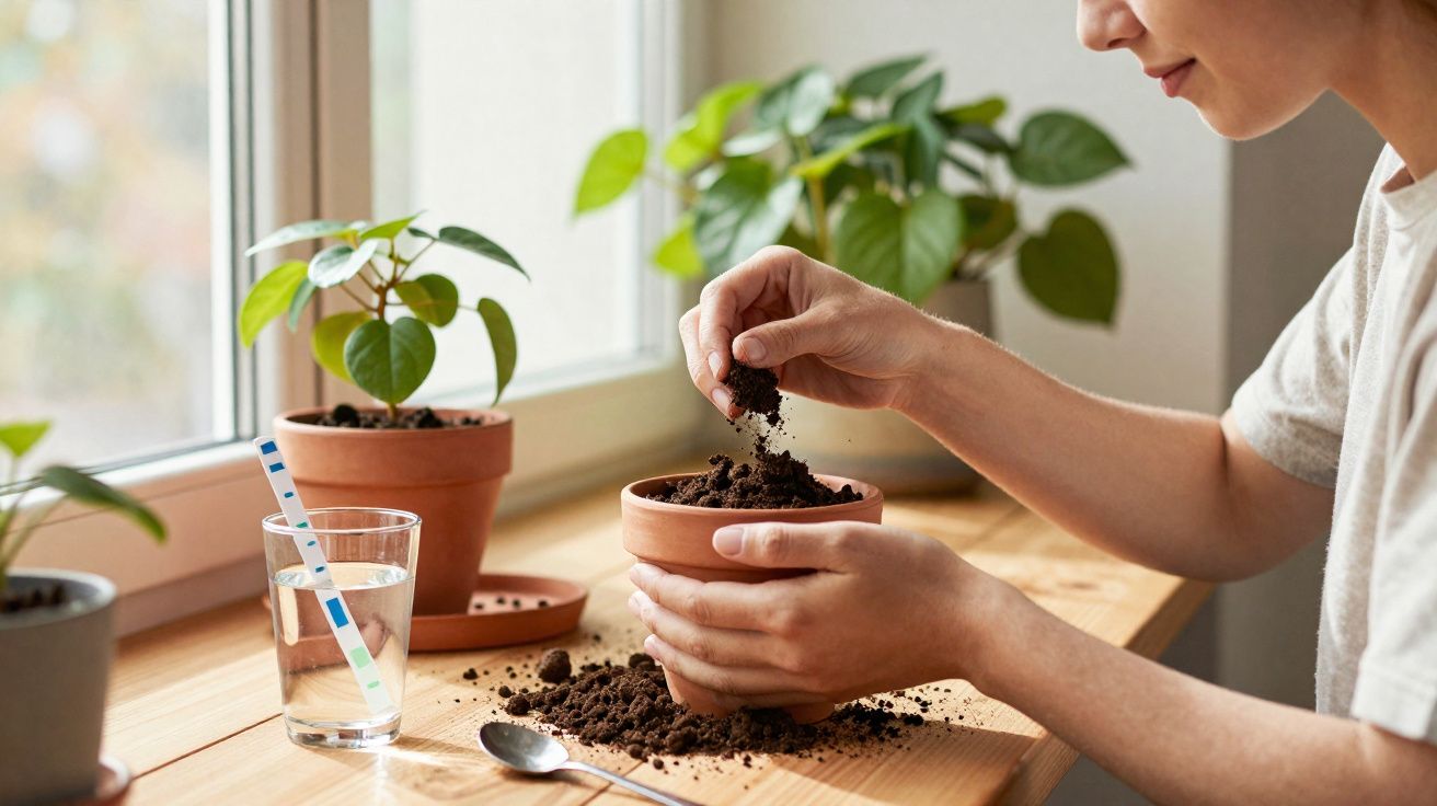 Pessoa preparando vaso de barro com terra para plantar, ao lado de copo com água e plantas na janela.