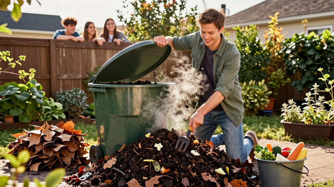 Jovem mexe composto orgânico quente no jardim enquanto três pessoas observam por uma cerca.