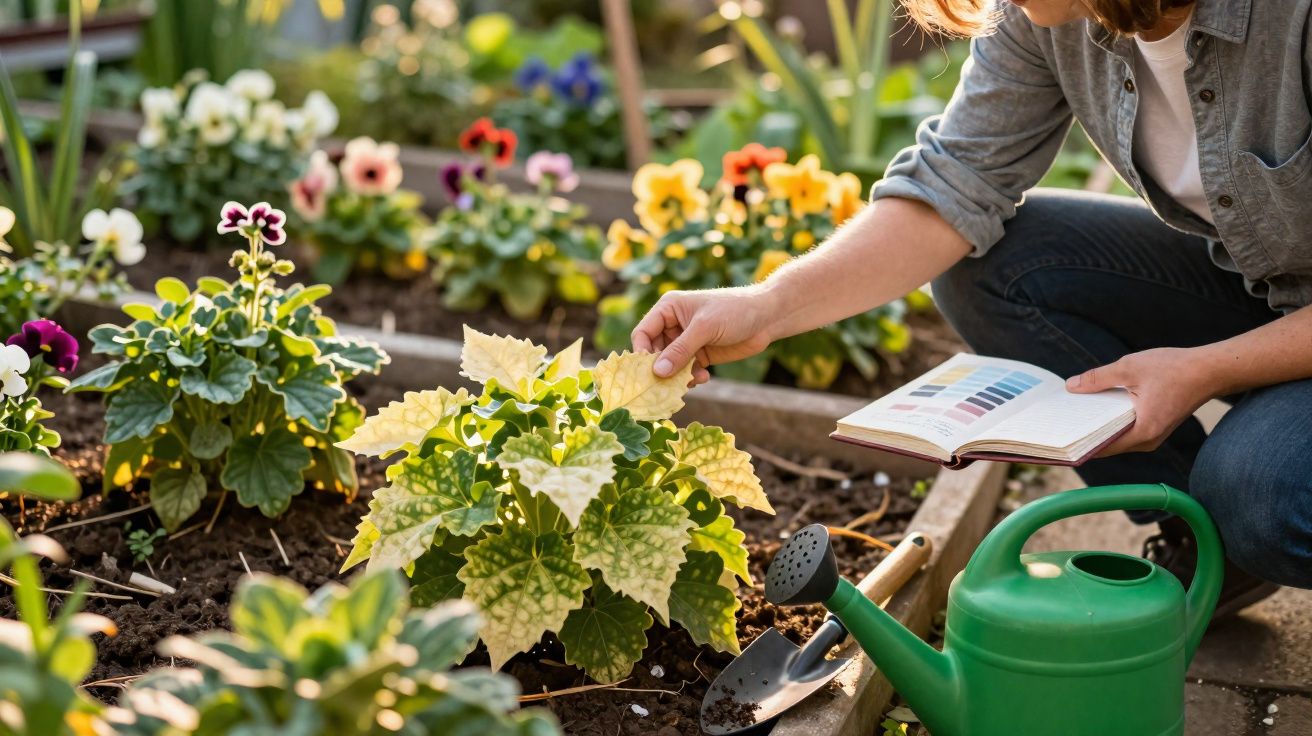 Pessoa cuidando de plantas coloridas em jardim, segurando amostra de cores e regador verde ao lado.