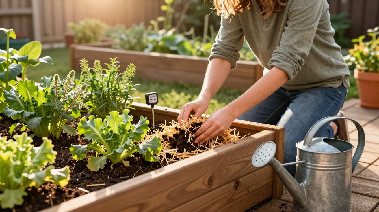 Mulher cuidando de plantas em horta elevada de madeira com regador metálico ao lado.
