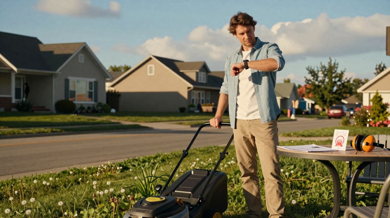 Homem olhando relógio enquanto empurra cortador de grama em frente a casas residenciais ao entardecer.