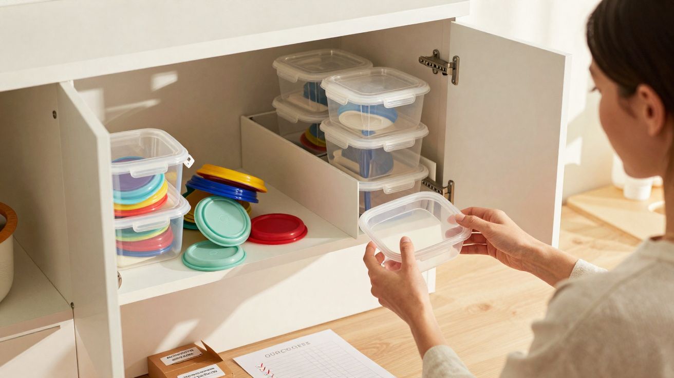 Pessoa organizando potes plásticos transparentes empilhados em armário branco na cozinha iluminada.