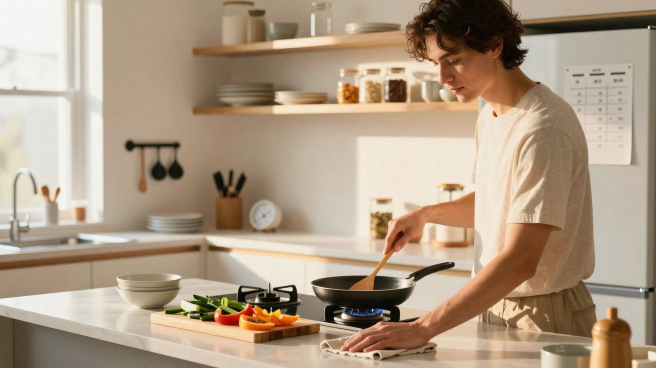 Jovem cozinhando em uma cozinha clara, mexendo frigideira no fogão com legumes frescos sobre bancada.