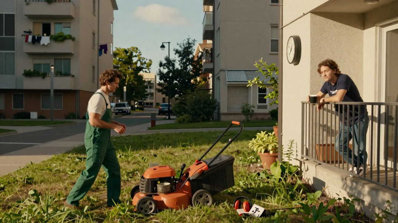 Homem de macacão verde cortando grama com cortador e outro homem observando na sacada de prédio.