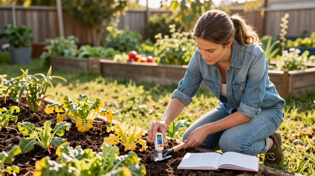 Mulher usando medidor de solo enquanto cuida de uma horta com plantas verdes e amarelas.