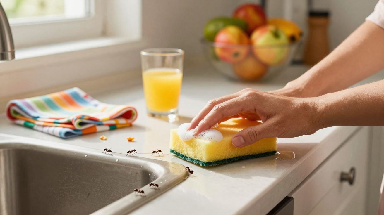 Mão segurando esponja com sabão na pia, com formigas andando pela bancada da cozinha.