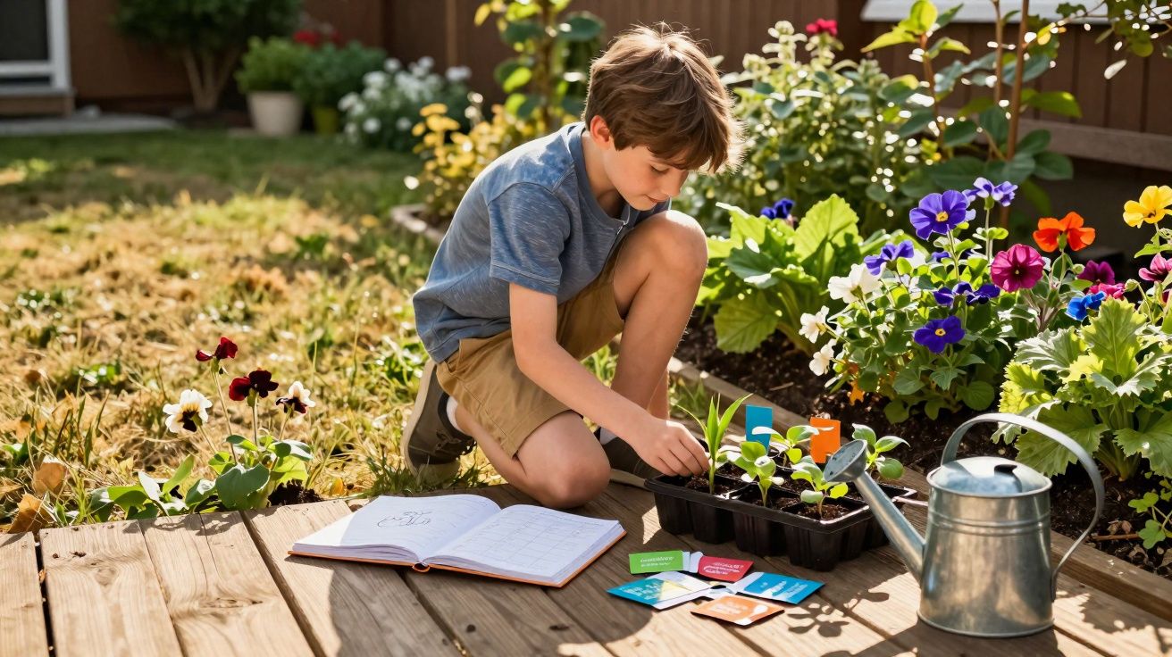 Menino cuidando de mudas em jardim com flores coloridas, regador e livro aberto ao lado.