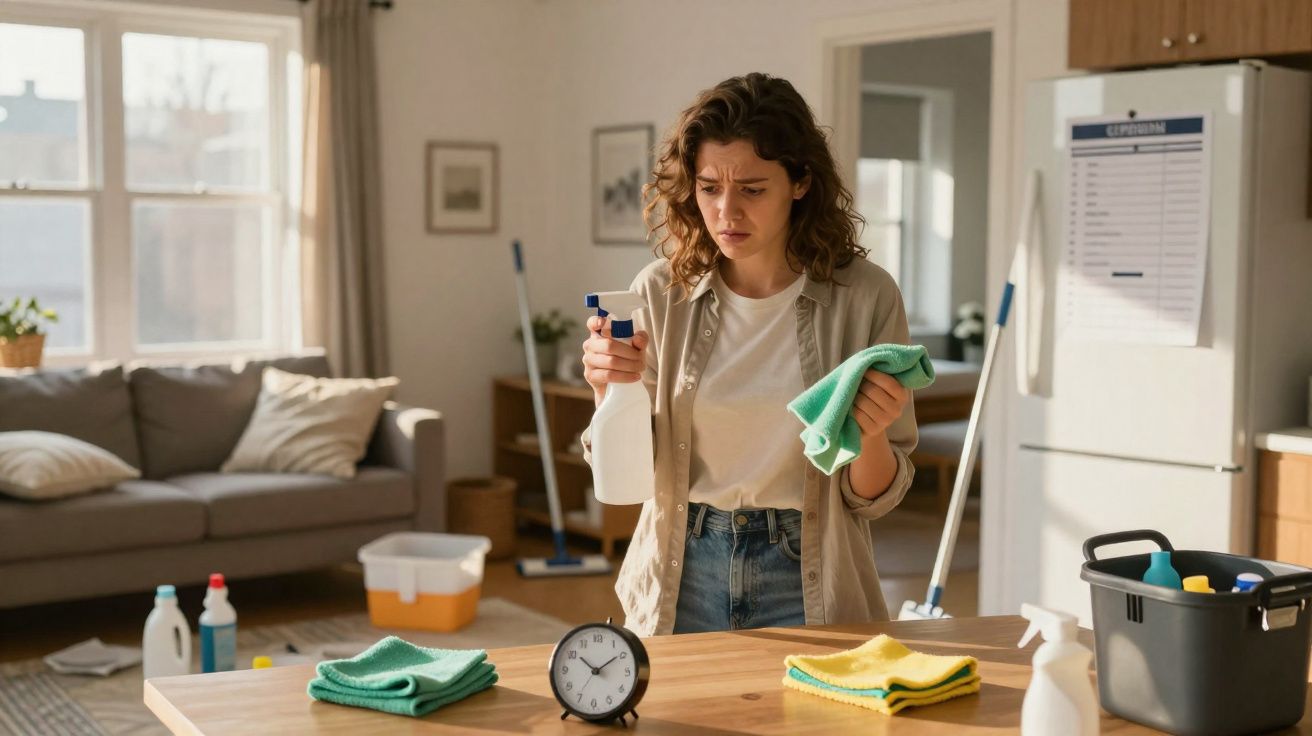 Mulher preocupada segurando toalha e spray de limpeza em cozinha, olhando para relógio sobre mesa.