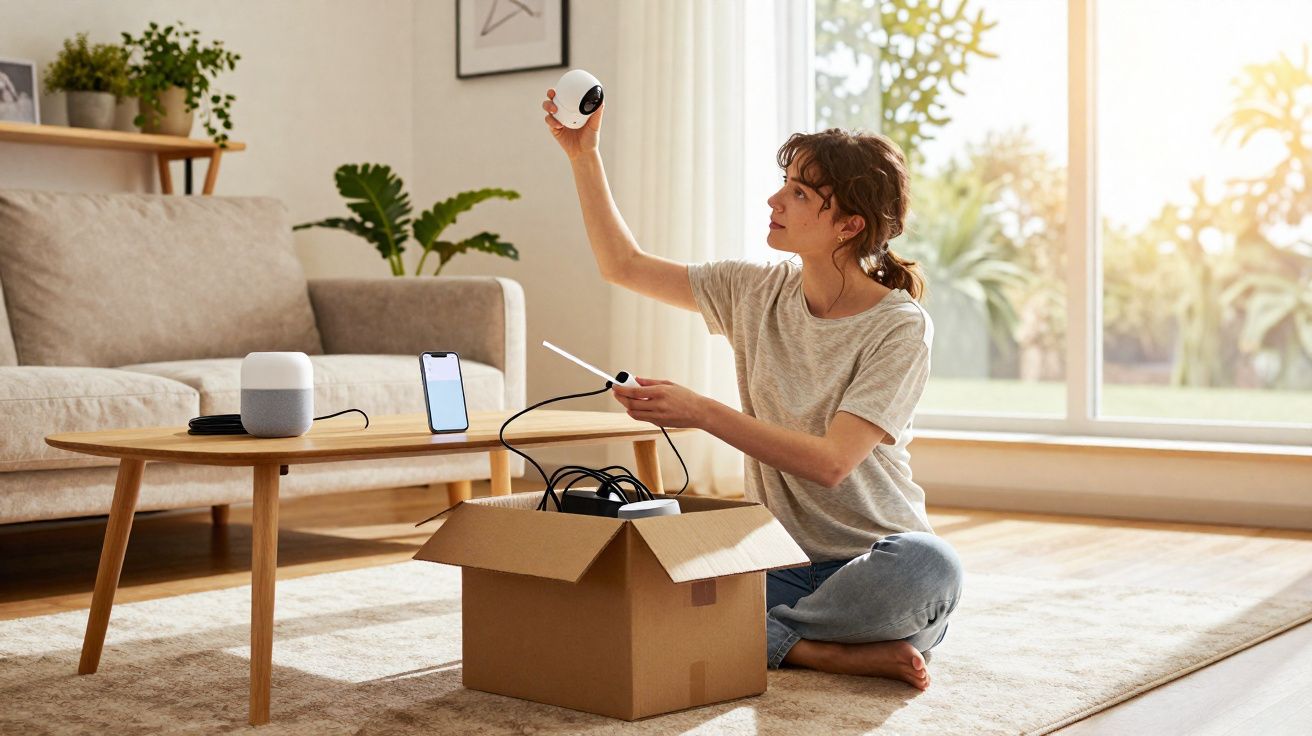 Mulher sentada no chão desempacotando dispositivos eletrônicos em sala iluminada com sofá e mesa de madeira.