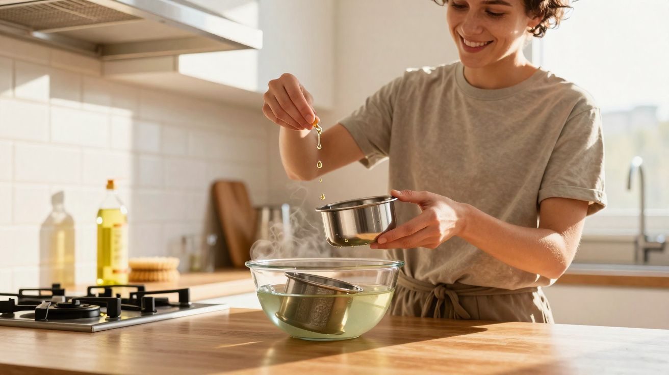 Pessoa sorrindo adiciona essência a um recipiente dentro de tigela grande com vapor na cozinha.