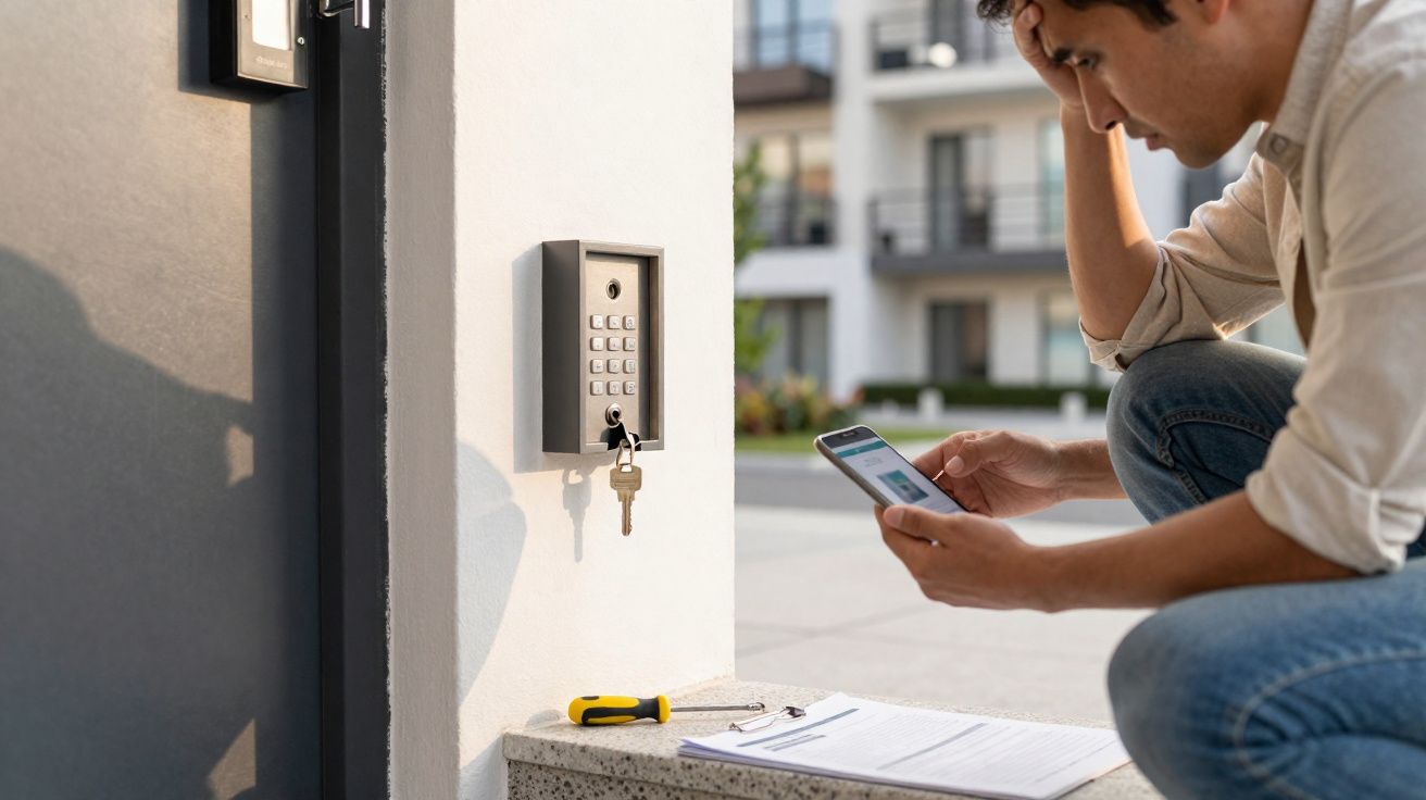 Homem preocupado segurando celular perto de caixa com chave eletrônica e documentos em prédio residencial.