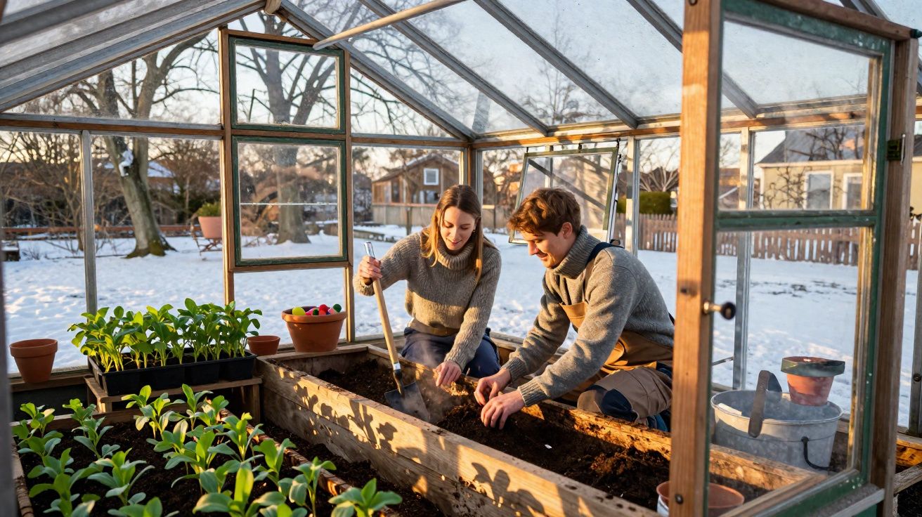 Casal plantando mudas em estufa de madeira com neve do lado de fora em dia ensolarado.