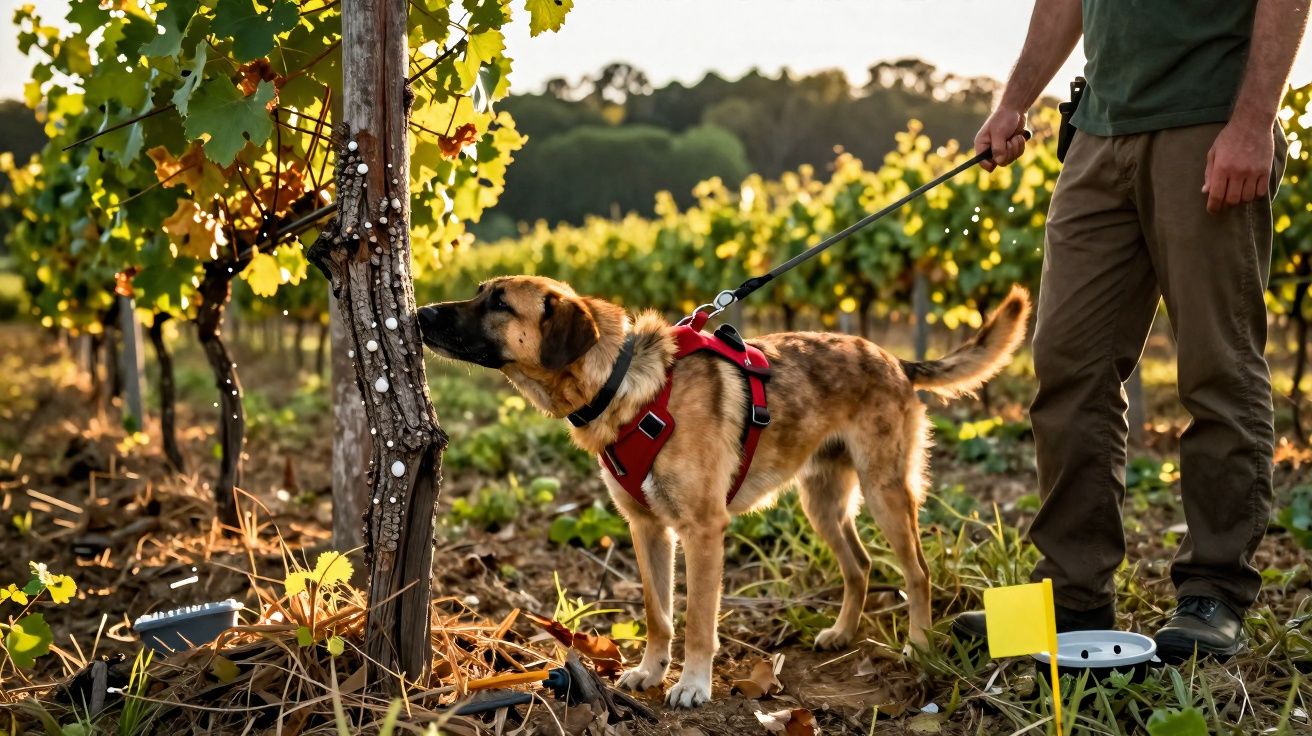 Cachorro com coleira vermelha farejando uma planta em vinhedo, ao lado de uma pessoa segurando a guia.