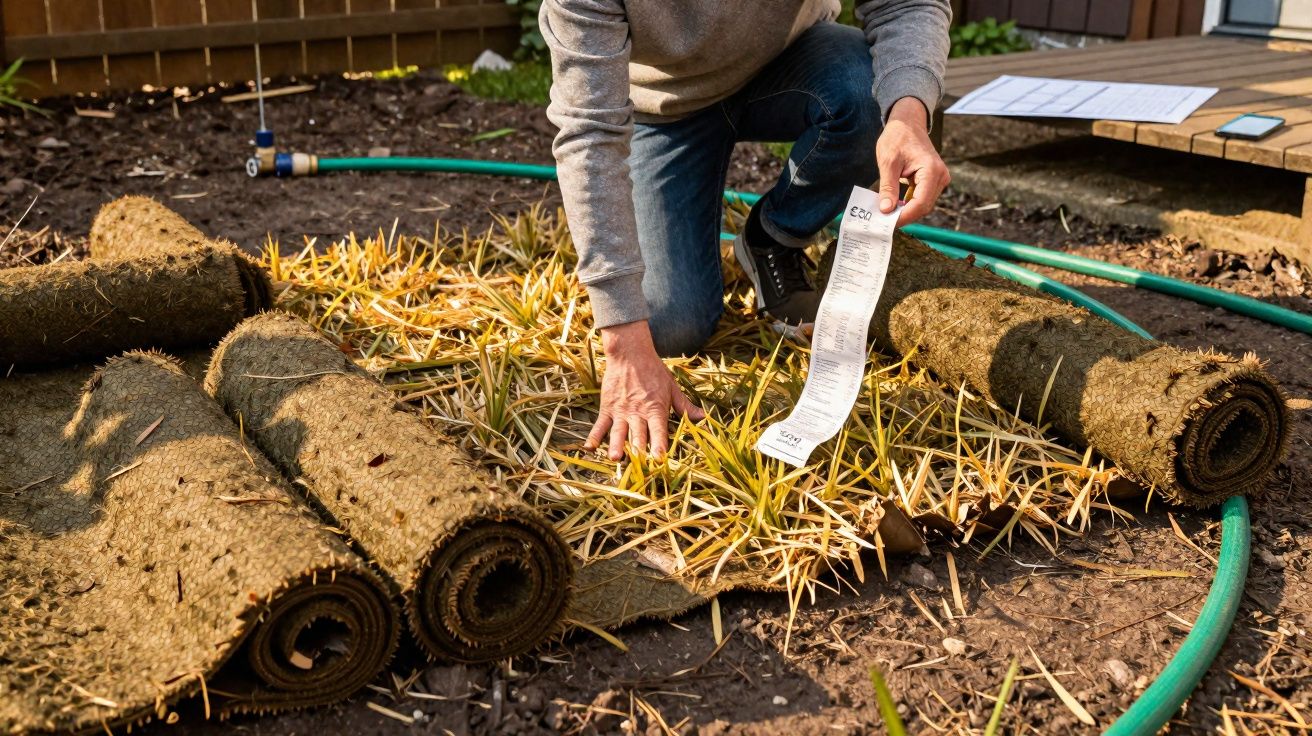 Pessoa ajoelhada instalando tapete de grama artificial em jardim, segurando uma etiqueta branca.