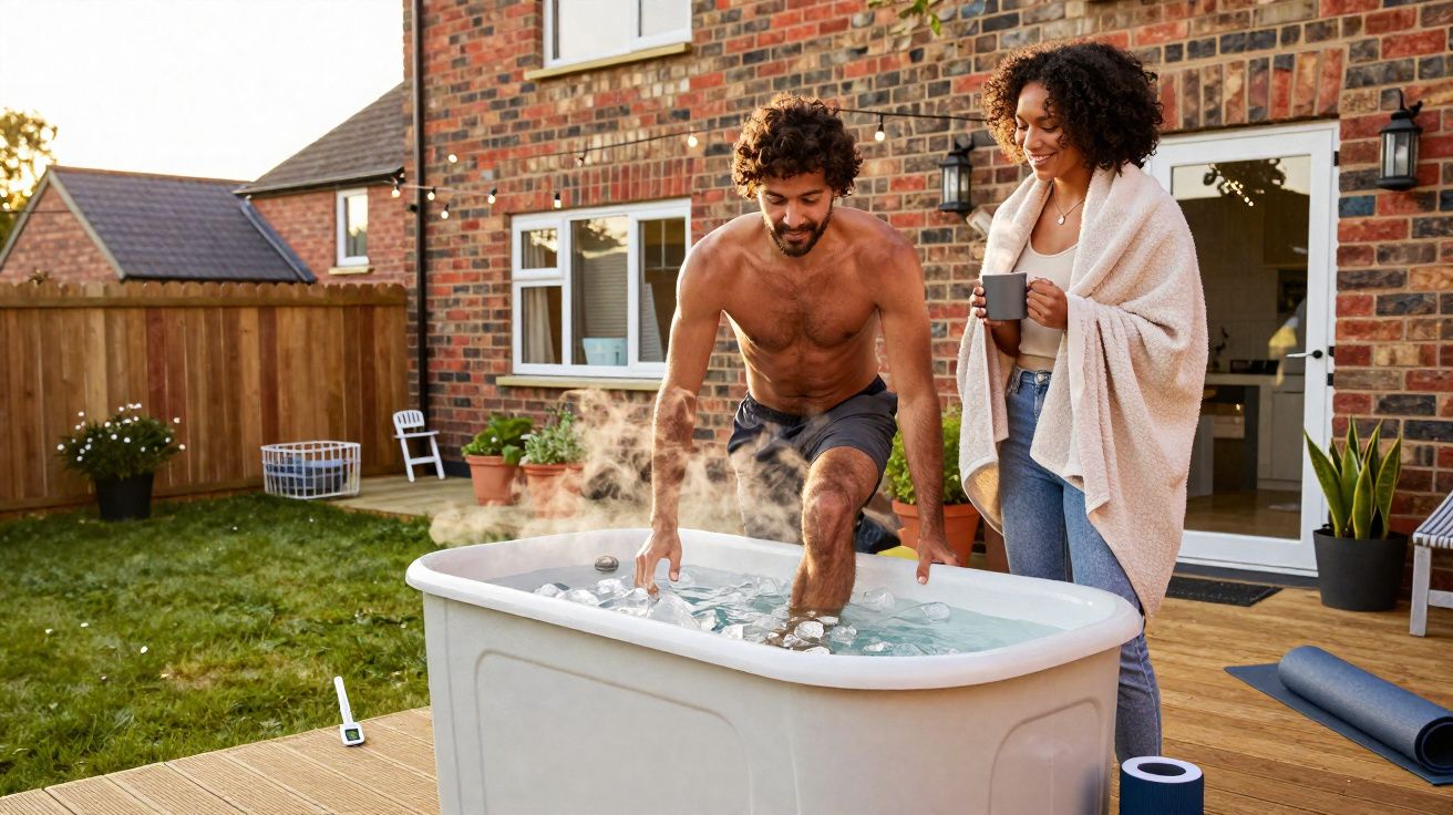 Homem entrando em banheira de gelo no jardim enquanto mulher observa com sorriso e segura caneca.