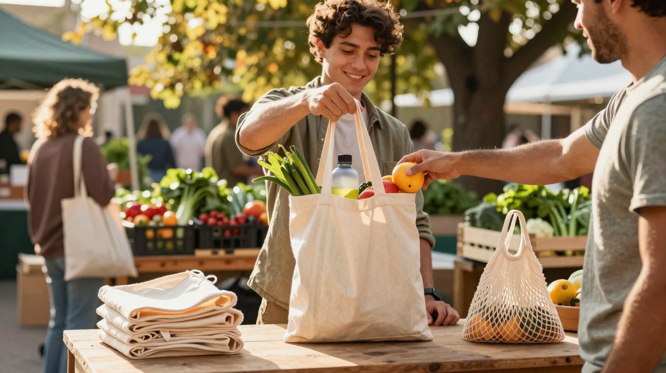 Jovem compra frutas e vegetais em mercado ao ar livre, colocando produtos em sacola reutilizável.