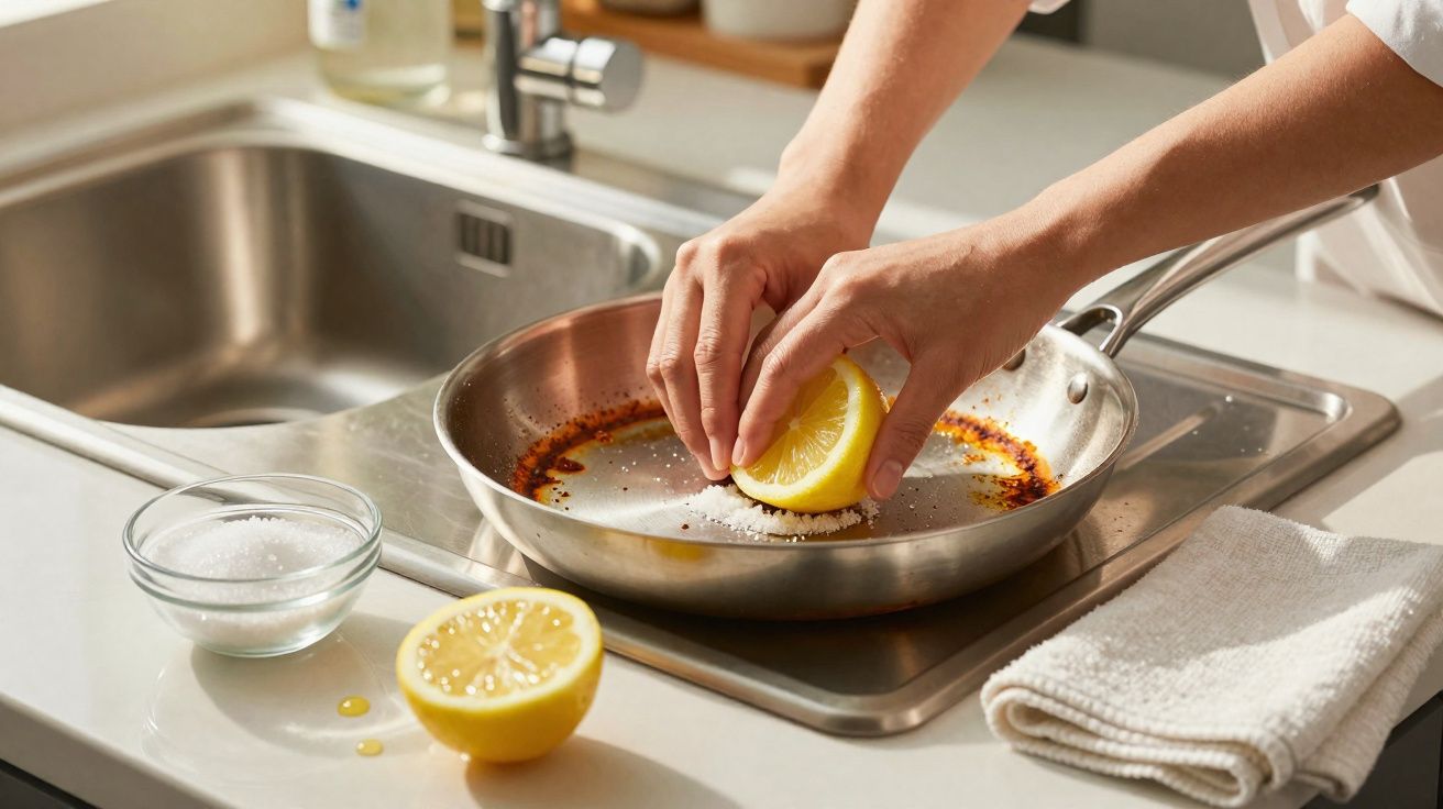 Mãos espremendo limão em frigideira com sal, ao lado de tigela de sal e toalha branca na pia.