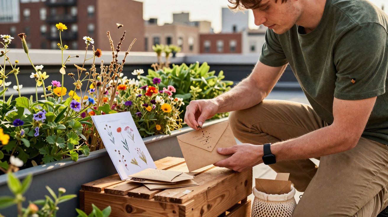 Homem plantando sementes retiradas de envelope em jardim urbano com flores coloridas.