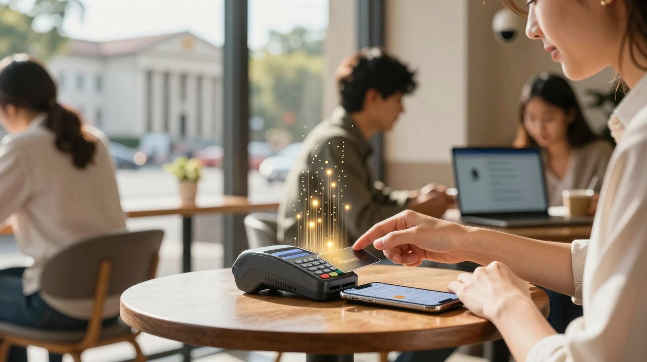 Mulher fazendo pagamento com cartão por aproximação em máquina no café moderno.