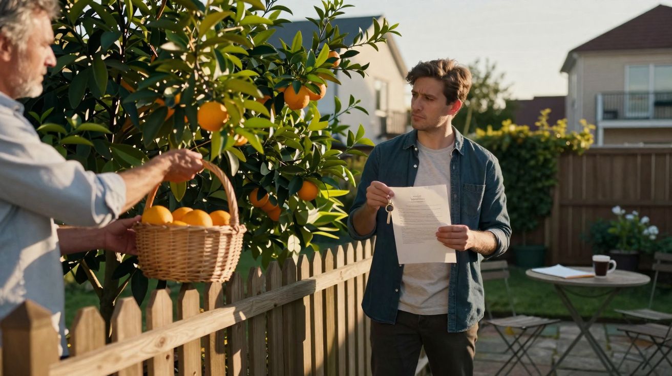 Homem entrega cesta com laranjas colhidas em árvore para outro homem que segura contrato e chave.