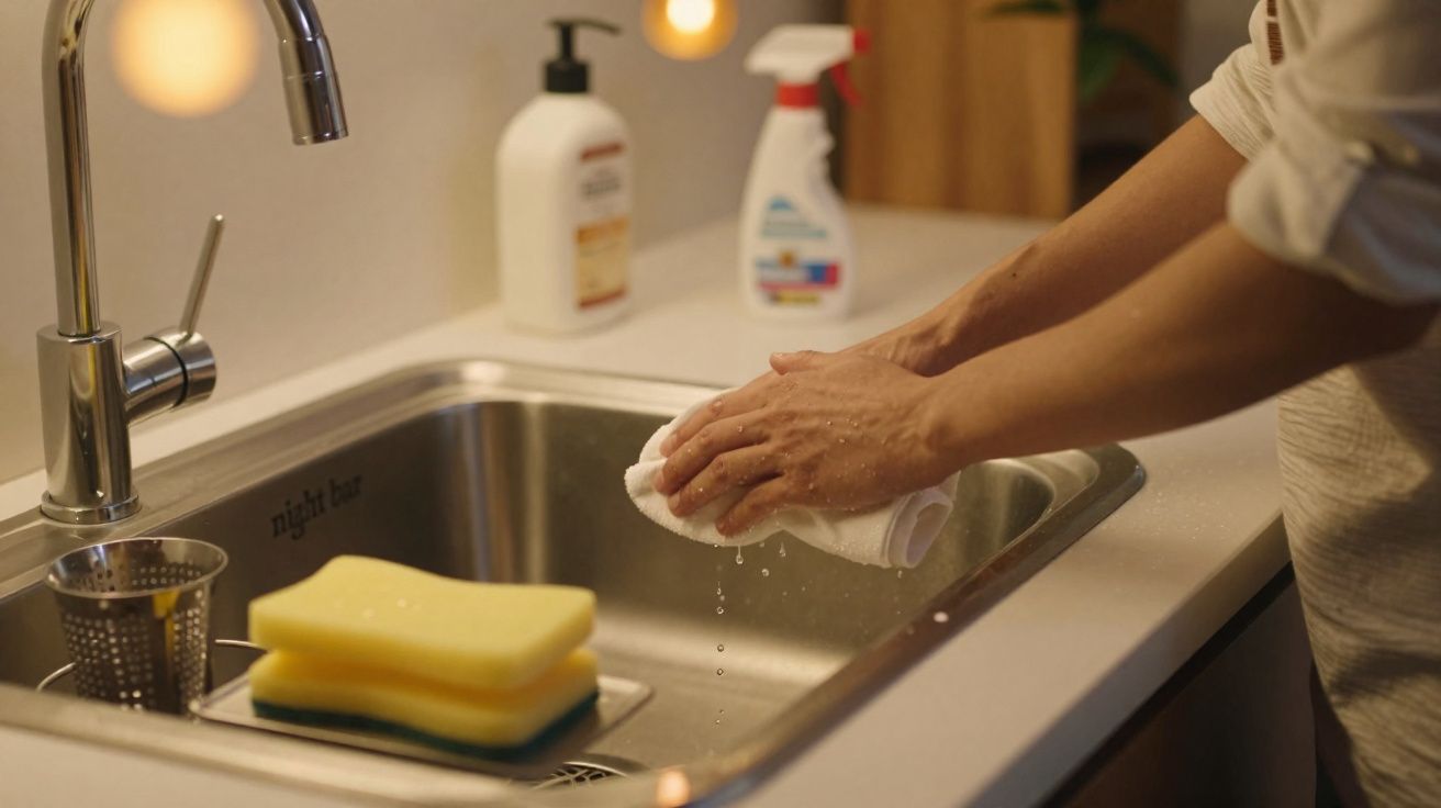 Pessoa secando as mãos com toalha branca próxima à pia de cozinha com esponjas amarelas.