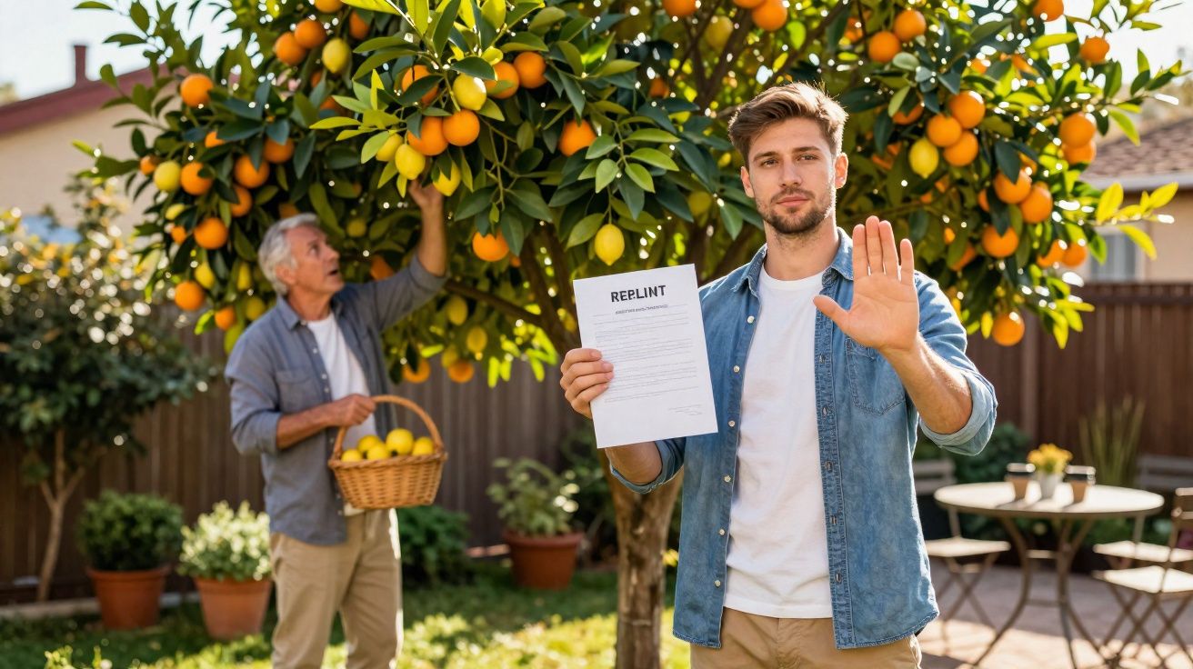 Homem jovem segurando documento e sinalizando pare, enquanto idoso colhe frutas em laranjeira no jardim.