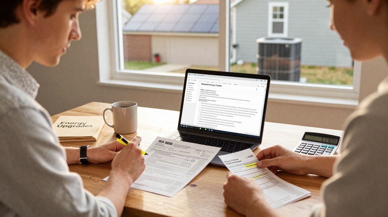 Duas pessoas revisando documentos e usando laptop em mesa perto de janela com calculadora e caneca.