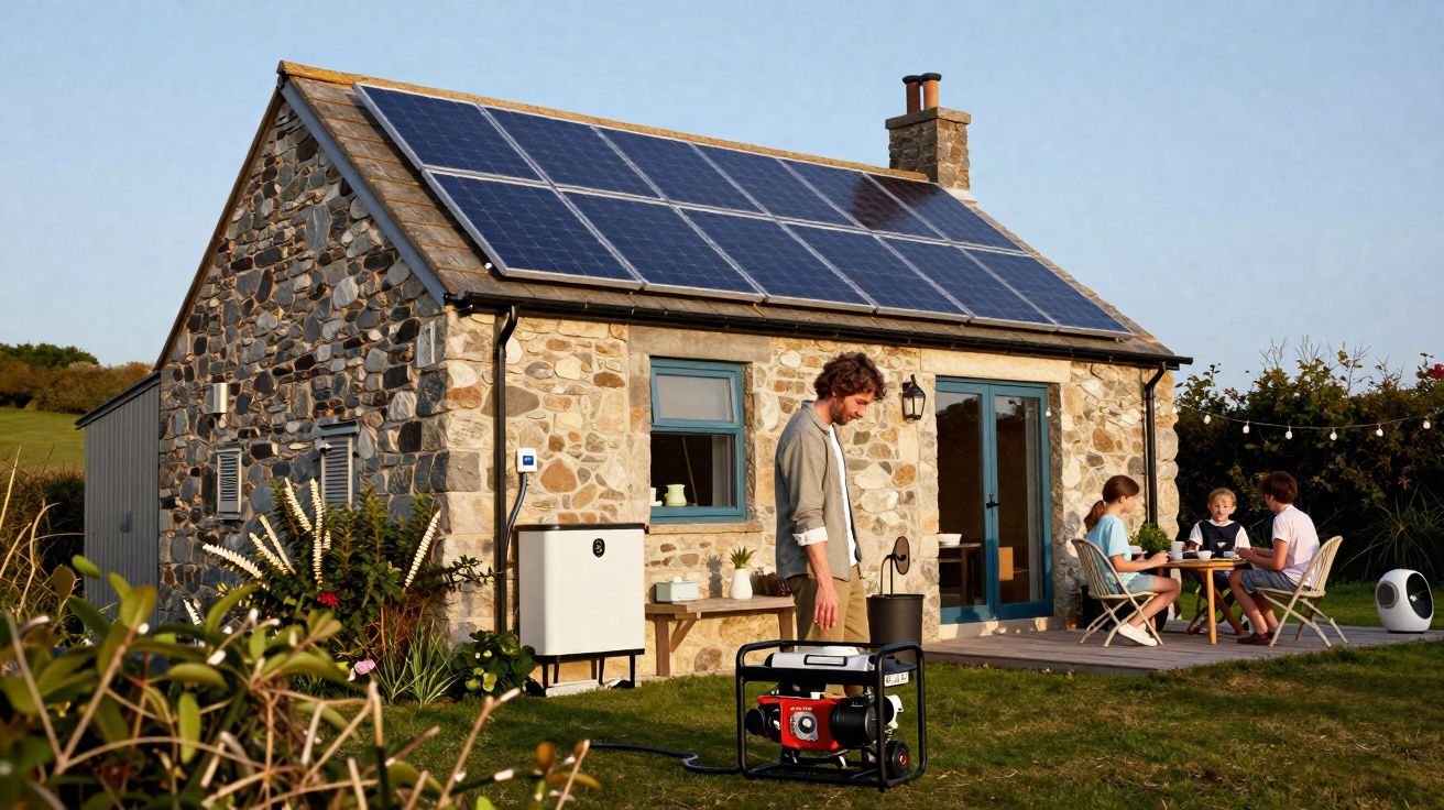 Casa de pedra com painéis solares no telhado e pessoas em área externa ensolarada.