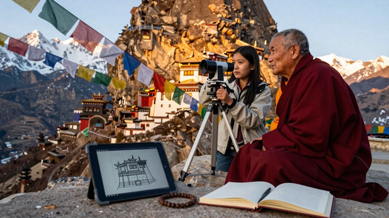 Mulher e monge tibetano em monastério, usando teodolito para medir cenário com montanhas e bandeiras coloridas ao fundo.
