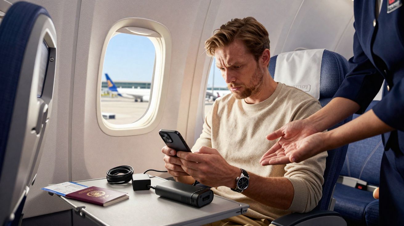 Homem sentado em avião usando celular enquanto comissária conversa ao lado.