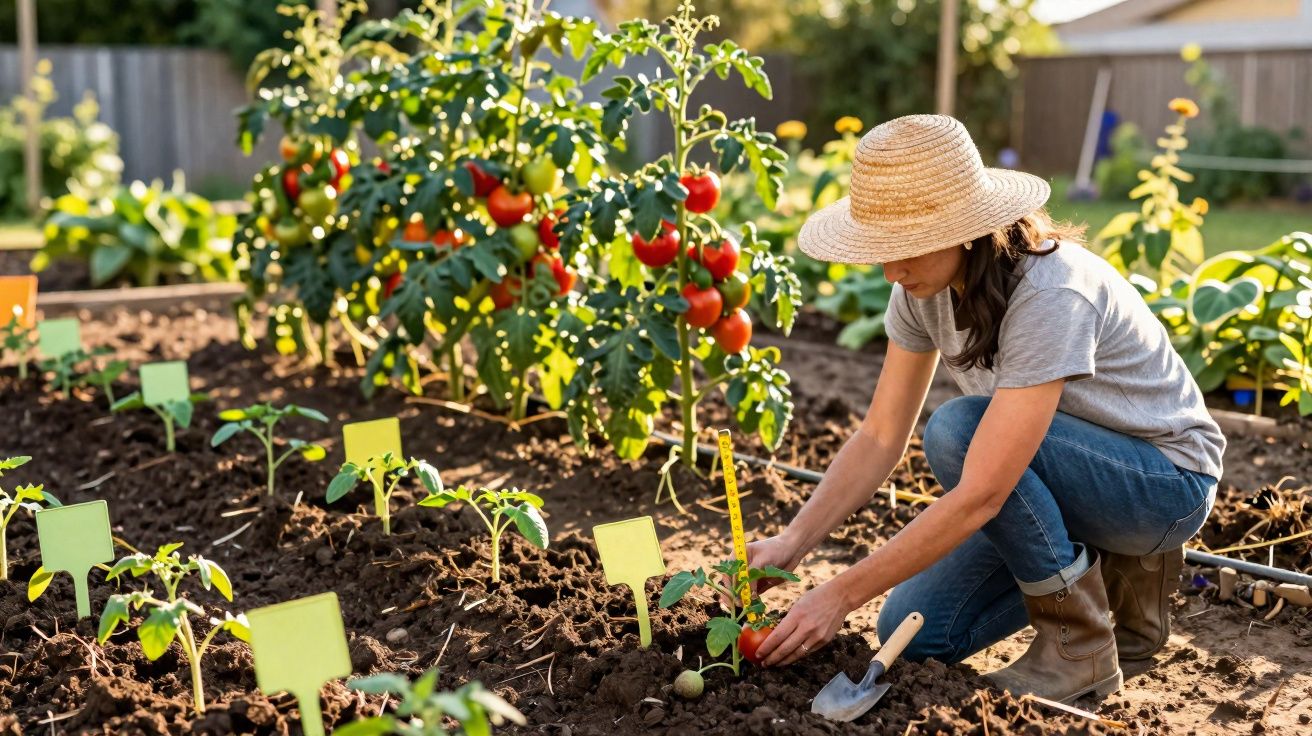Mulher com chapéu cuidando de planta de tomate em horta ensolarada no jardim residencial.