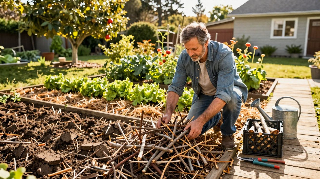 Homem jardinando e organizando galhos secos em canteiro de terra em jardim ensolarado.