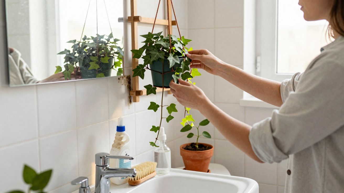 Pessoa cuidando de planta pendurada no banheiro ao lado de pia com espelho e janela.