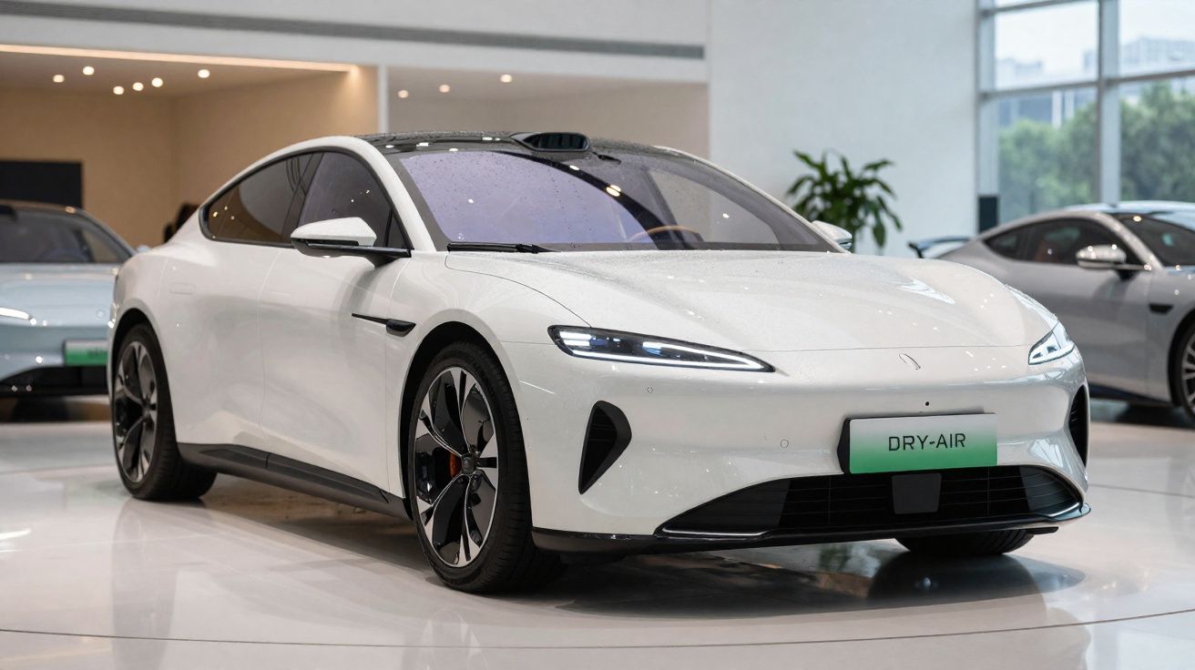 Carro elétrico branco modelo Dry-Air exibido em salão automotivo moderno com piso brilhante.