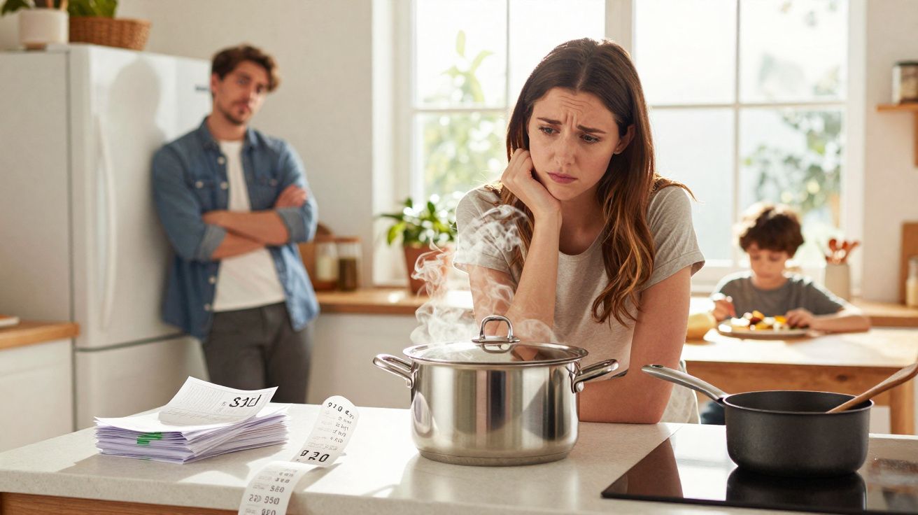 Mulher preocupada olhando panela fumegante na cozinha, homem ao fundo de braços cruzados e criança comendo.