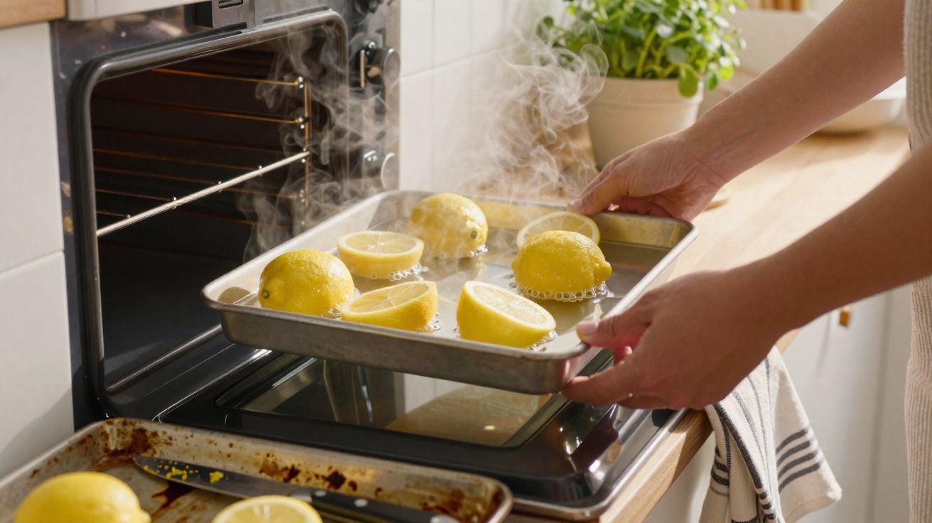 Pessoa colocando assadeira com limões e água fervente em forno aberto, com vapor visível ao redor.