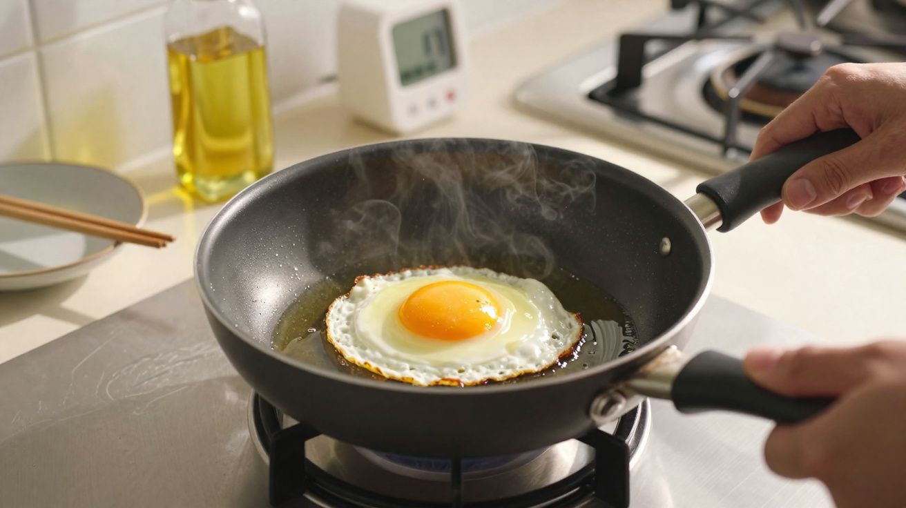Ovo frito sendo preparado em frigideira sobre fogão com óleo e mãos segurando a frigideira.