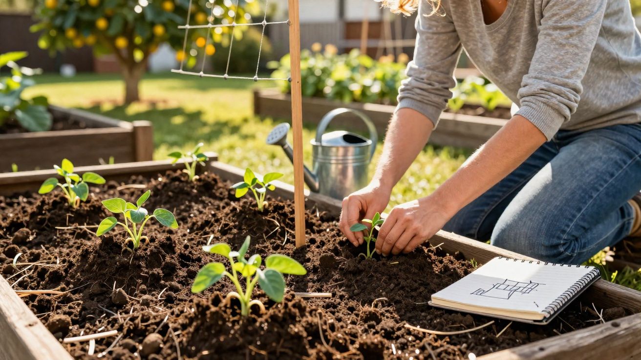 Pessoa plantando mudas em canteiro com regador e caderno de anotações ao lado em jardim.
