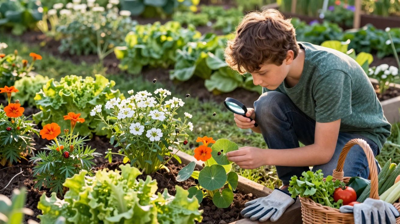 Menino observando plantas e insetos com lupa em canteiro de horta com cesta de vegetais ao lado.