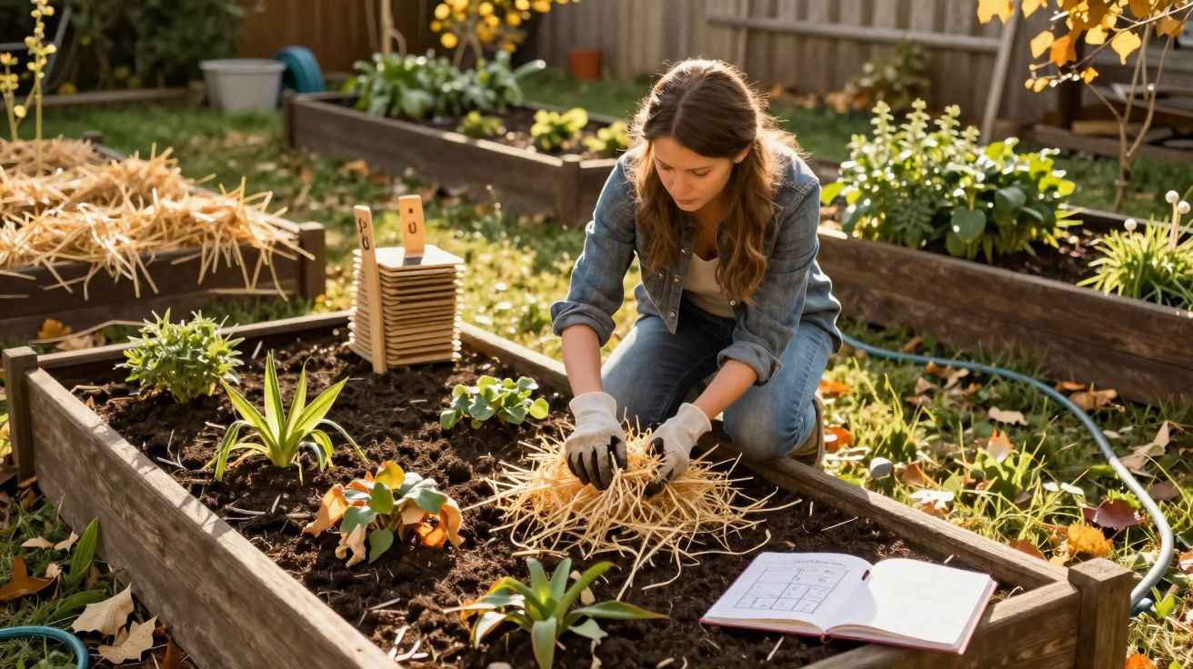 Mulher com luvas cuidando de hortaliças em canteiro elevado no jardim ensolarado.