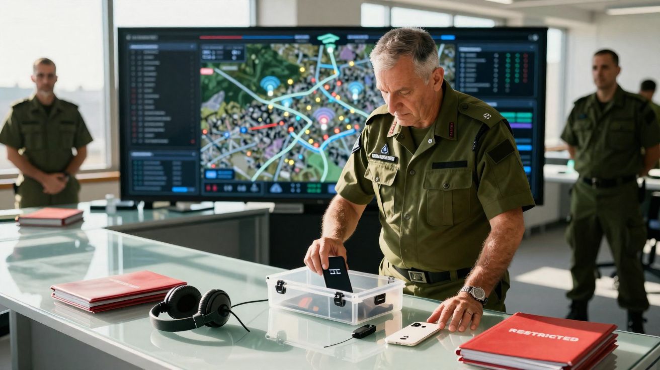 Oficial militar manuseando equipamento em sala de comando com mapa tático digital ao fundo.