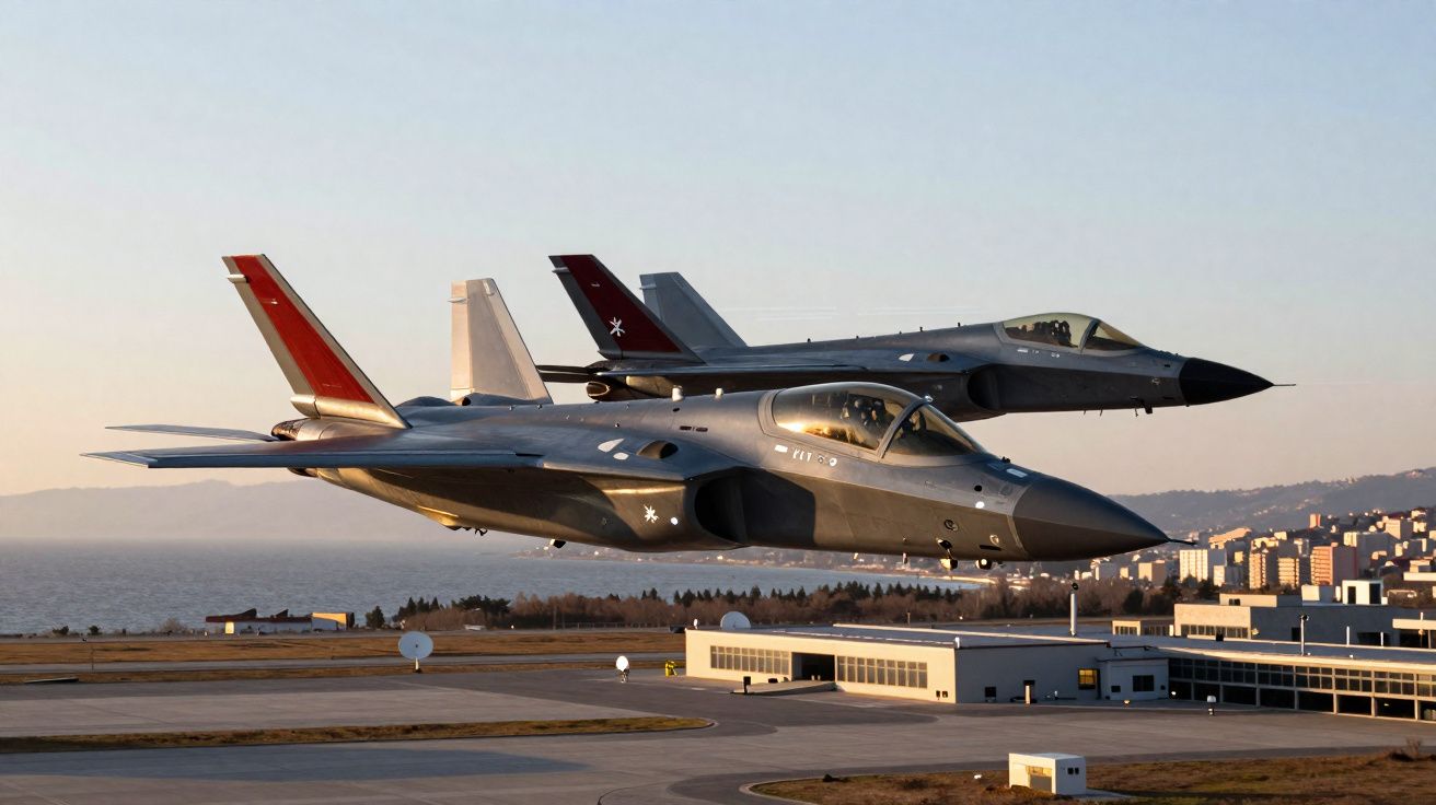 Dois jatos militares voando baixo sobre base aérea perto do mar ao pôr do sol.