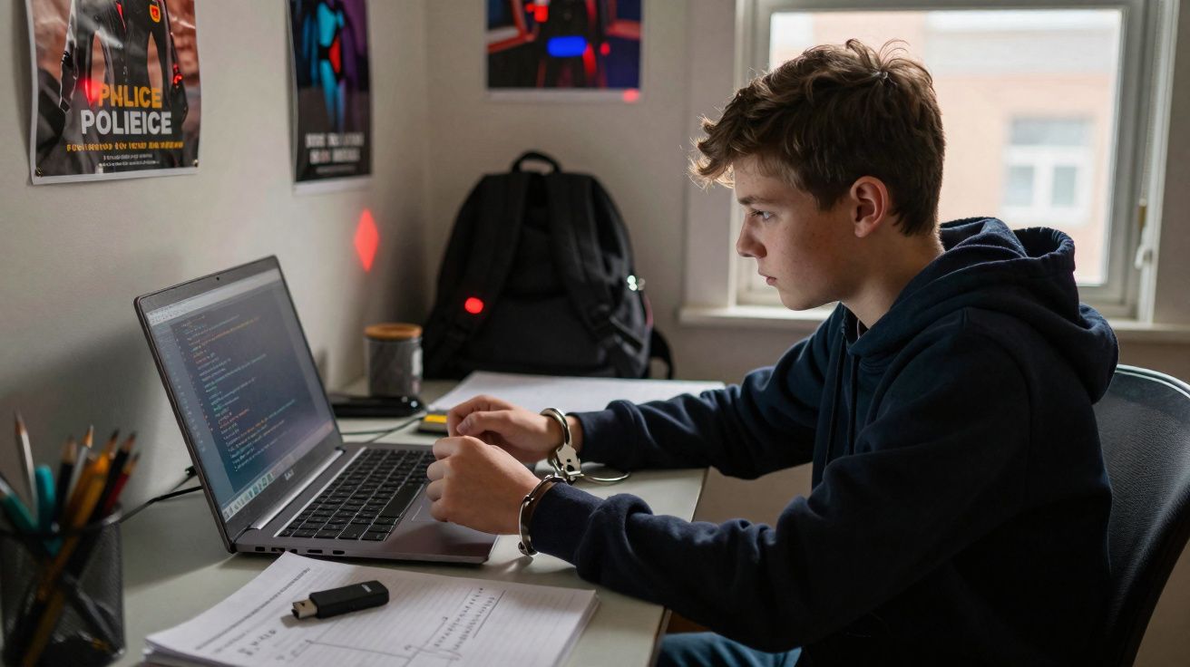 Adolescente de camiseta preta está usando um laptop enquanto está de algemas em um quarto.